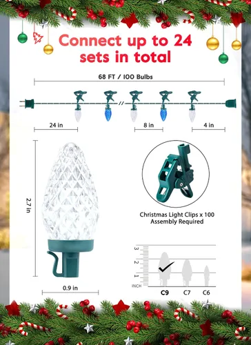 Vista 3 de Luces LED C9 de Navidad para exteriores, 66 pies, 100 luces LED de fresa con 100 abrazaderas de resorte, impermeable, grado comercial, extensible