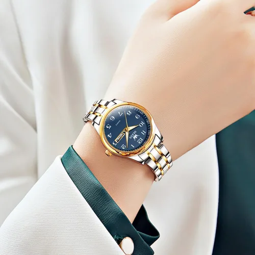 Vista 4 de OLEVS Reloj de mujer con diamantes de oro, clásico, elegante, de acero inoxidable, impermeable, fecha de día