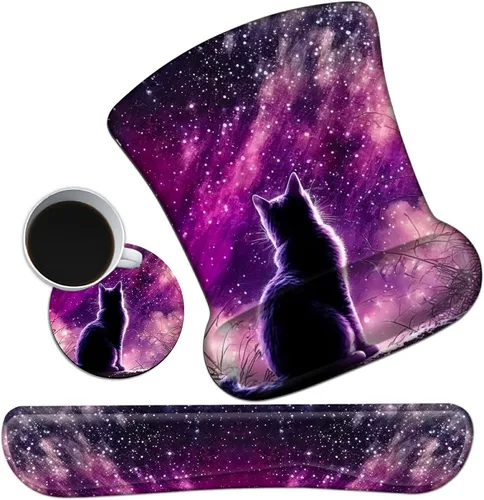 Vista 9 de Juego de reposamuñecas para teclado y mouse ergonómico para juegos (con bonitos posavasos) con espuma viscoelástica y base antideslizante, fácil