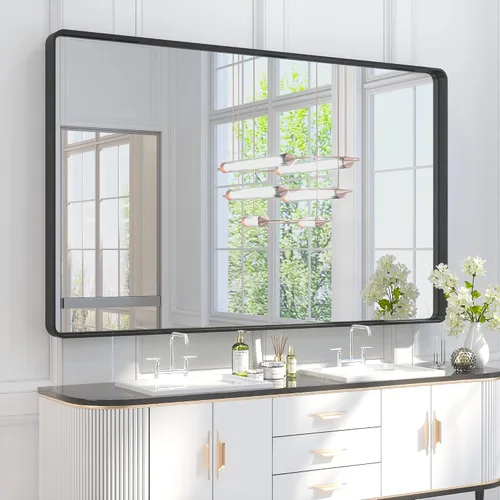Vista 118 de Espejo de marco dorado cepillado de 16 x 24 pulgadas, espejo de tocador de baño de latón dorado para pared, espejo enmarcado rectangular de esquina