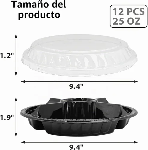 Vista 2 de 12 bandejas de frutas desechables redondas de plástico para con tapa, 5 compartimentos, platos de fiesta, recipientes divididos para aperitivos