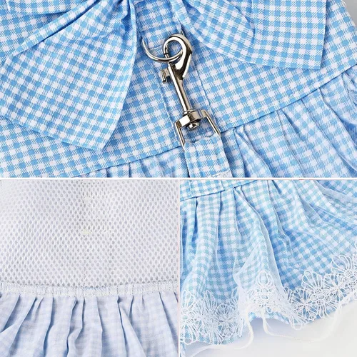 Vista 4 de Vestido para perro a cuadros con lazo, bonito vestido para perro pequeño, gato, cachorro con correa de arnés (azul, talla XS)