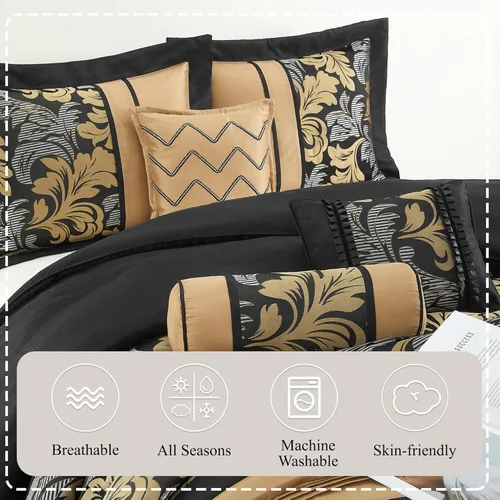 Vista 4 de Stratford Park Juego de ropa de cama de 7 piezas con diseño de hojas, color negro, tamaño Queen, diseño jacquard, para todas las estaciones, falda