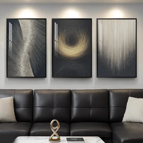 Vista 11 de Arte de pared moderno enmarcado en blanco y negro, 3 piezas de impresiones contemporáneas grandes para paredes, juego de 3 imágenes de hojas doradas
