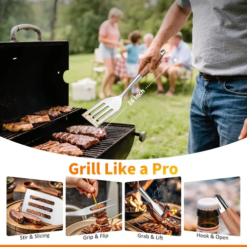 Vista 3 de Juego de accesorios para parrilla de 16 pulgadas, herramientas de accesorios para barbacoa de acero inoxidable resistente y accesorios para parrilla