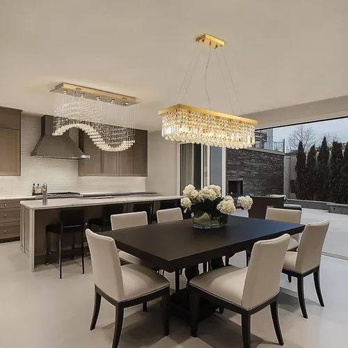 Vista 2 de Siljoy Candelabro de Cristal Moderno de 6 Luces Rectangular Dorado K9 Candelabro de Cristal en Forma de Gota de Lluvia para Comedor, Lámpara