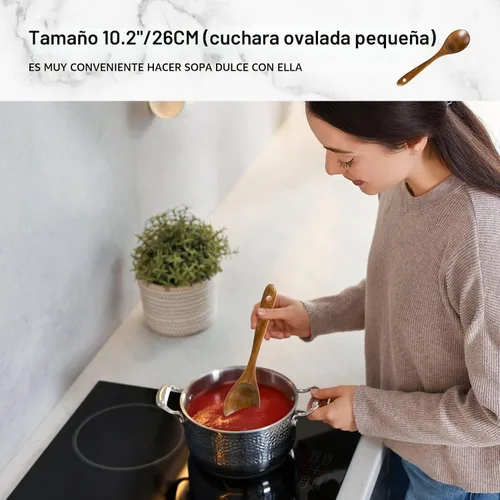 Vista 3 de cucharas de madera para cocinar, juego de utensilios de cocina antiadherentes con 10 piezas de espátulas y cucharas de madera de acacia
