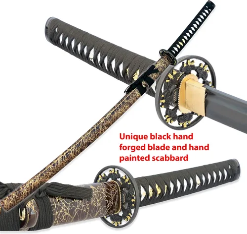 Vista 2 de Vulcan Gear Espada samurái katana japonesa de hoja negra sagrada hecha a mano con soporte de espada de madera y vaina