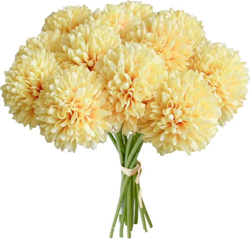 Vista 10 de Mandy's 6 tallos de seda beige Kiku flores de bola Tallos artificiales de crisantemo para decoración del hogar, verano, arreglo floral sintético
