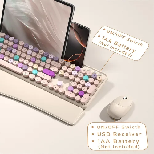 Vista 5 de Combo de teclado y mouse inalámbricos con soporte para teléfono (caqui) MPTOG Colorful Typewriter Keys with Wrist Rest, 2.4GHz Wireless