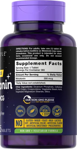 Vista 2 de Carlyle Melatonina 300 mcg 365 Tabletas Dosis baja Vegetariana, sin OMG, sin gluten
