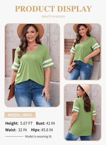 Vista 18 de Eytino Blusas de talla grande para mujer, cuello en V, manga corta, a rayas, casual, holgada, con bolsillo (1X-5X)
