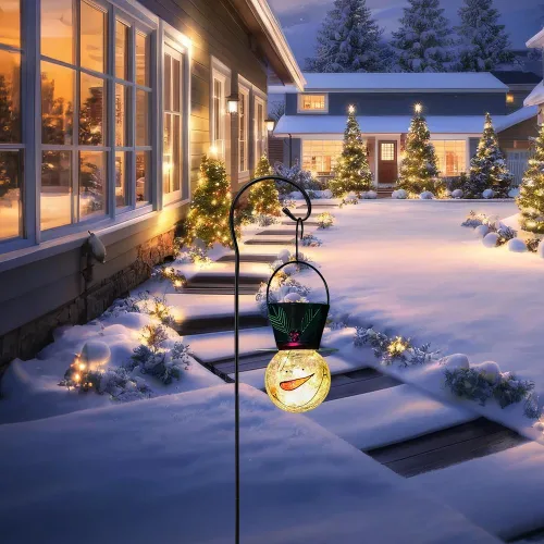 Vista 3 de Viveta Linterna solar de muñeco de nieve, faroles solares colgantes de Navidad, farol impermeable de cristal agrietado para exteriores con gancho