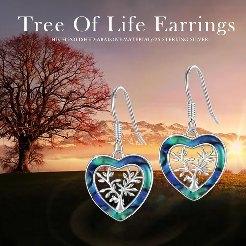 Vista 4 de Aretes de plata de ley 925 con forma de árbol de la vida, con forma de corazón de abulón, árbol genealógico, joyería de corazón para mujer, Plata