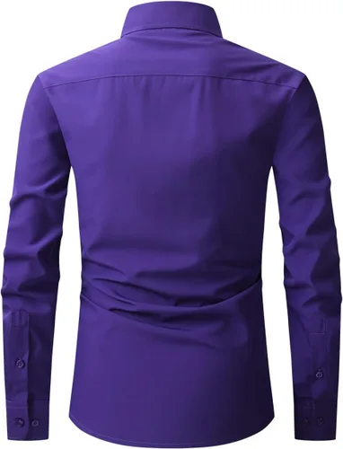 Vista 2 de corfty Camisa de vestir de manga larga para hombre, ajuste regular, elástica, sin arrugas, casual, con botones