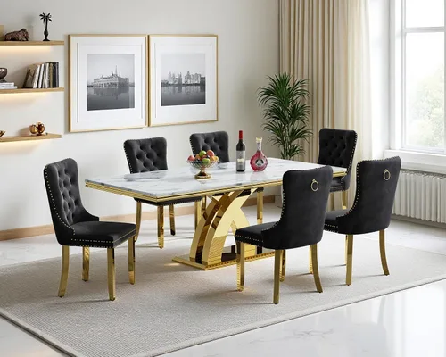 Vista 10 de Juego de mesa de comedor de mármol sintético, 7 piezas, juego de mesa de cocina y comedor para 6, mesa de comedor rectangular blanca de 70 pulgadas
