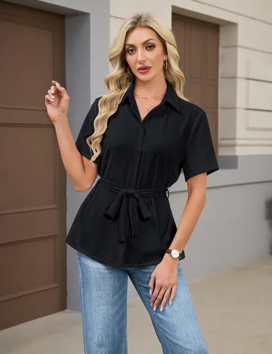 Vista 2 de Blooming Jelly Camisa con botones para mujer, cuello con lazo, manga corta, casual, para negocios, blusa de trabajo a la moda de verano
