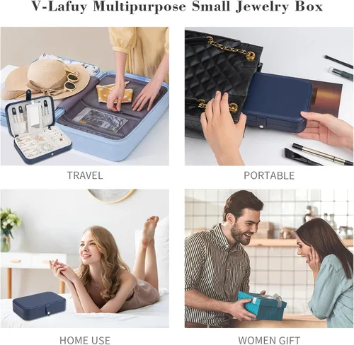 Vista 6 de Joyero de viaje, joyero pequeño de piel sintética portátil, estuche de viaje para anillos, aretes, collares, pulseras, relojes, azul marino B