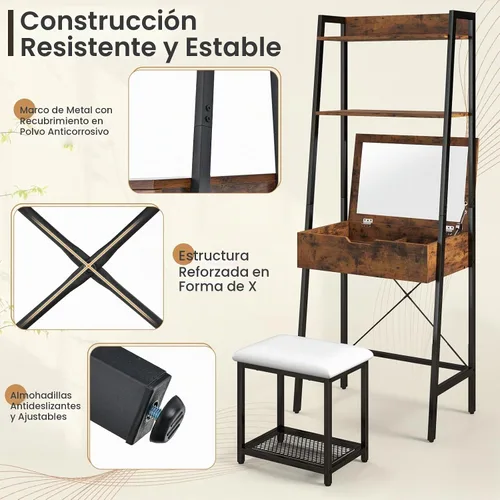 Vista 4 de GOFLAME Juego de mesa de tocador con espejo abatible, escritorio de tocador de escalera y taburete acolchado con estantes y compartimentos de negro