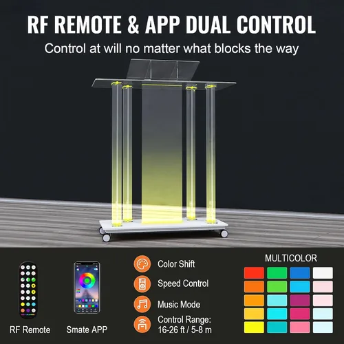 Vista 4 de Púlpito acrílico para iglesia, podio LED transparente de 49 pulgadas con ruedas, plataforma de lectura vertical, control remoto y aplicación