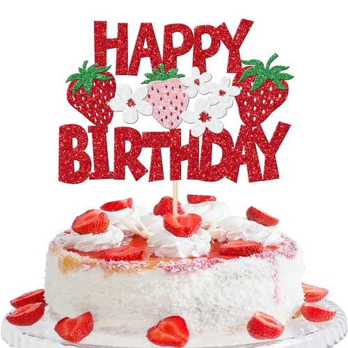 Vista 13 de 24 piezas de adornos para cupcakes de fresa, purpurina roja, temas de frutas, bayas y fresas, para verano, dulces, baby shower, fiesta