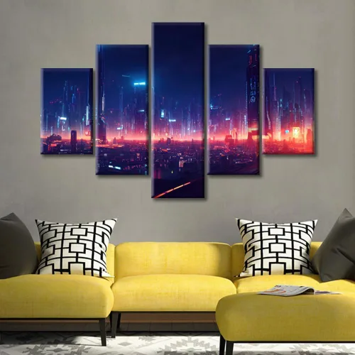 Vista 200 de Cuadros de 5 paneles de Cyberpunk City, arte de pared, representación de vallas publicitarias, edificios modernos en la capital con obras de arte