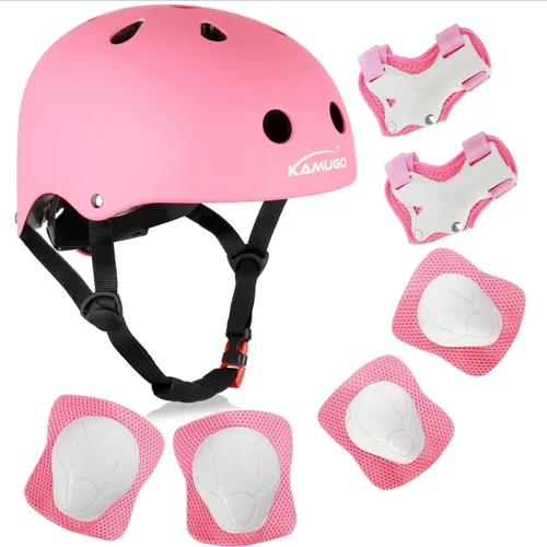 Vista 11 de KAMUGO - Casco de bicicleta para niños, casco para niños pequeños de 2 a 8 años, para niños y niñas, con equipo de protección deportiva, rodilleras