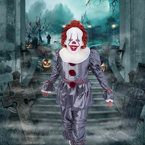 Vista 6 de Disfraz de payaso para adultos y niños, incluye una máscara y globos, el disfraz de payaso es un gran traje para los fanáticos., Gris