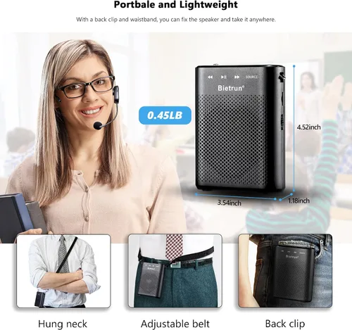 Vista 7 de Bietrun Amplificador de voz para profesores con Bluetooth, amplificador de voz inalámbrico recargable portátil con micrófono para auriculares