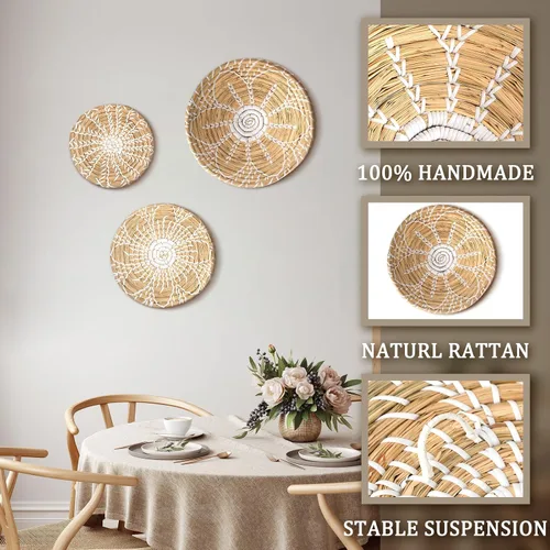 Vista 5 de Glenmal 3 piezas de decoración de cesta de pared estilo bohemio, cesta decorativa tejida de junco, decoración de pared de cesta de mimbre, arte