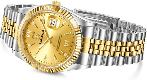Vista 4 de PASOY Reloj de moda para hombre, tamaño unisex, acero inoxidable, fecha, dorado, bisel, plateado, reloj de pulsera de 1.417in, Moda