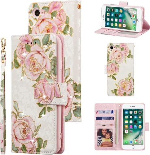 Vista 10 de UEEBAI Funda tipo cartera para iPhone SE 2022 5G/iPhone 7/iPhone 8/iPhone SE 2020, funda de piel sintética con función atril y bloqueo RFID, funda