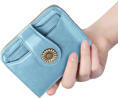 Vista 6 de INSIFEEL Billetera pequeña para mujer, bolso compacto de cuero con bloqueo RFID RFID para mujer, Azul claro, Retro
