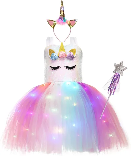 Vista 8 de Girls Unicorn Tutu Costumes Dress Light Up Unicorn LED Headband Princess Birthday Dress Up Clothes Girl Gift