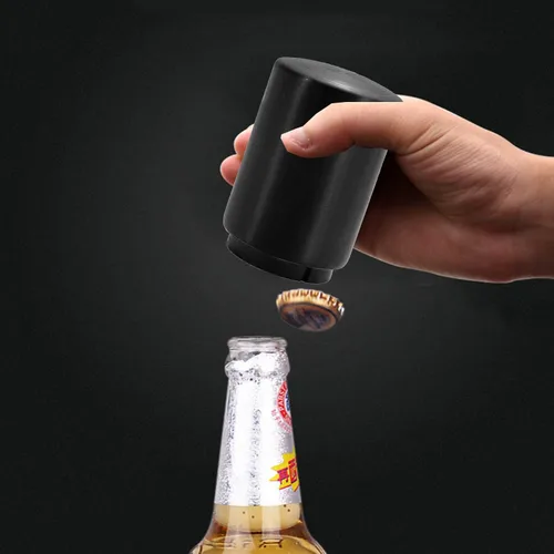 Vista 2 de Abridor automático de botellas de cerveza de acero inoxidable con captador de tapa, magnético, tipo empuje, negro