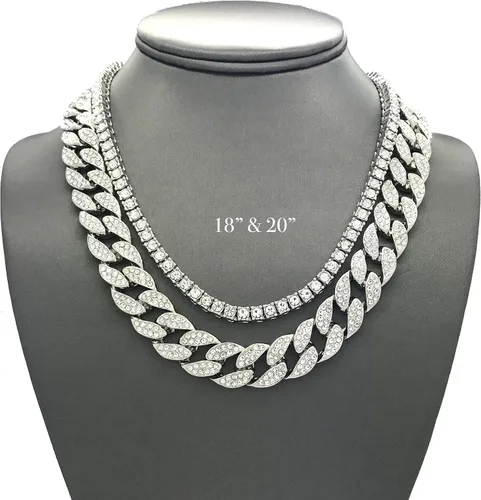 Vista 5 de Pirámide Jewelers - Gargantilla plateada y glaseada para hombre con diseño de hip hop, cadena de eslabones estilo CZ Miami y cubano, aleación