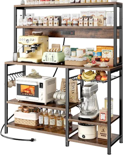 Vista 13 de SUPERJARE Estante de panadería con toma de corriente, barra de café de 35.4 pulgadas con canasta de alambre, soporte para microondas de cocina con 6
