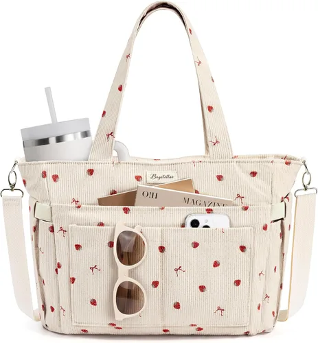 Vista 13 de Bolsa tote de pana para mujeres, 17 bolsillos para laptop de trabajo, ligera, para maestras, enfermeras, bolsa de hombro bíblica para escuela