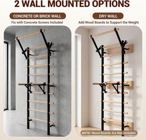 Vista 9 de Escalera sueca barra de madera para parada, entrenador de suspensión con barra de dominadas y accesorios de barra de inmersión, barra de madera