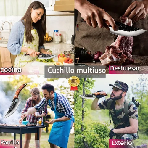 Vista 7 de Kitory Cuchillo de carnicero para cortar carne, cuchillo vikingo forjado a mano con mango ergonómico de madera, cuchillo de chef chino de acero