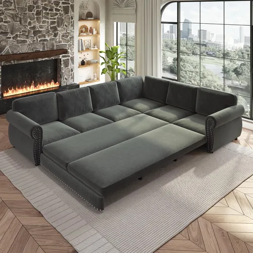Vista 2 de Sofá cama seccional en forma de L de 6 asientos, sofá extraíble de chenilla gris Gris oscuro