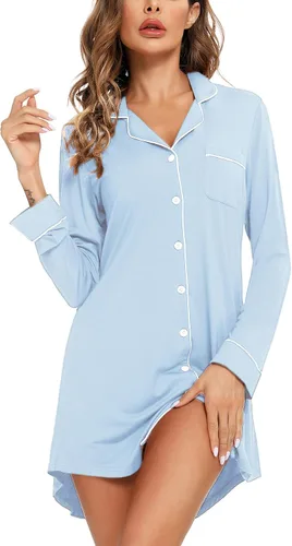 Vista 88 de Samring Camisón de pijama para mujer, manga corta/larga, con botones, camisón para dormir, camisón para novio, talla XXL