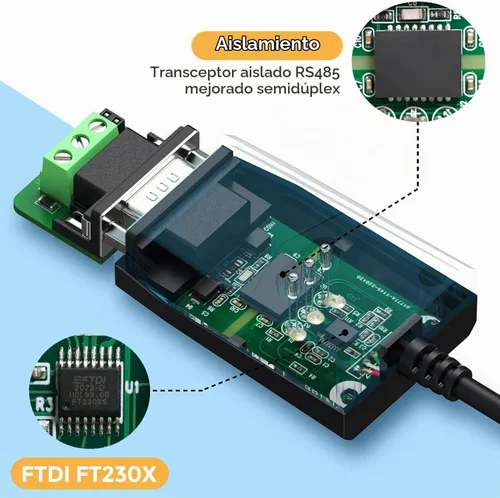 Vista 2 de Adaptador de convertidor USB 2.0 a RS485 de grado industrial, basado en chipset FTDI, protección ESD, aislamiento de señal y energía, soporte