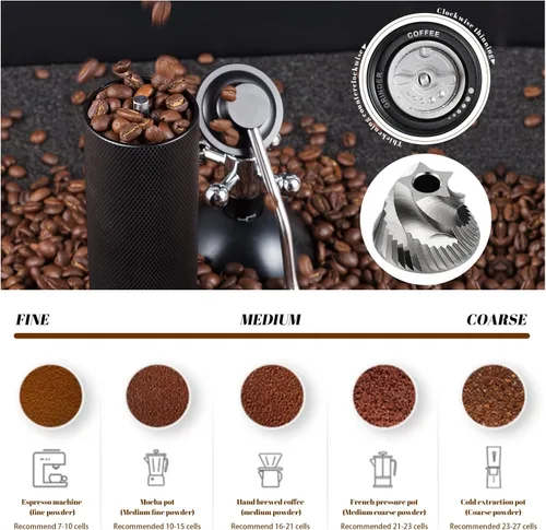 Vista 2 de Molinillo de café manual con capacidad de 0.88 oz, rebabas de acero inoxidable, mango de madera, molinillo de café para rebabas para el hogar, Negro