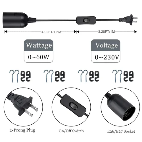 Vista 4 de Cable de luz colgante colgante - Enchufe de bombilla con cable E26/E27 enchufe de luz, cable de linterna colgante de extensión con interruptor