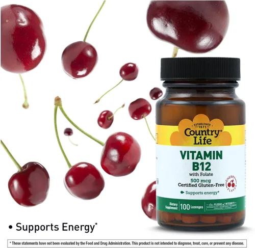 Vista 2 de Country Life Vitamina B12 con folato, apoya la producción de energía y glóbulos rojos, 500 mcg, 100 pastillas, certificado sin gluten, vegano