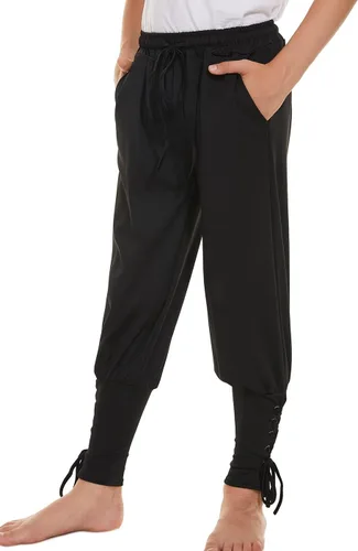 Vista 4 de Pantalones piratas medievales con bandas de tobillo para niños, disfraz de pirata vikingo renacentista, pantalones de rayas para Halloween y cosplay