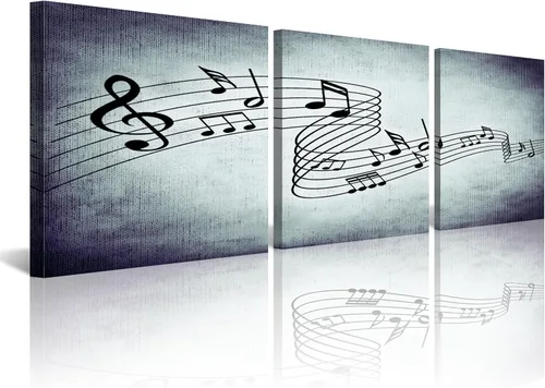 Vista 17 de 3 piezas de lienzo musical para pared, impresiones de notas musicales abstractas, coloridas ilustraciones de ondas sonoras, claves agudas