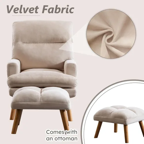 Vista 4 de IOMOR Silla Accent con otomano, silla de lectura cómoda, sillón con respaldo ajustable y bolsillos laterales, sofá de tela suave de ocio para Beige