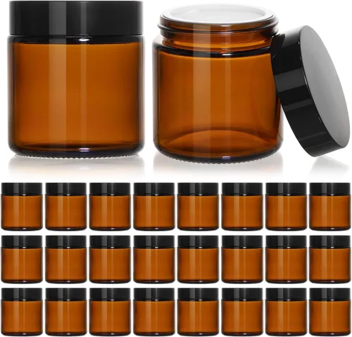 Vista 12 de KEYWING Tarros de vidrio ámbar de 1 oz con tapas negras, paquete de 36 tarros pequeños redondos de vidrio para cosméticos con forros interiores